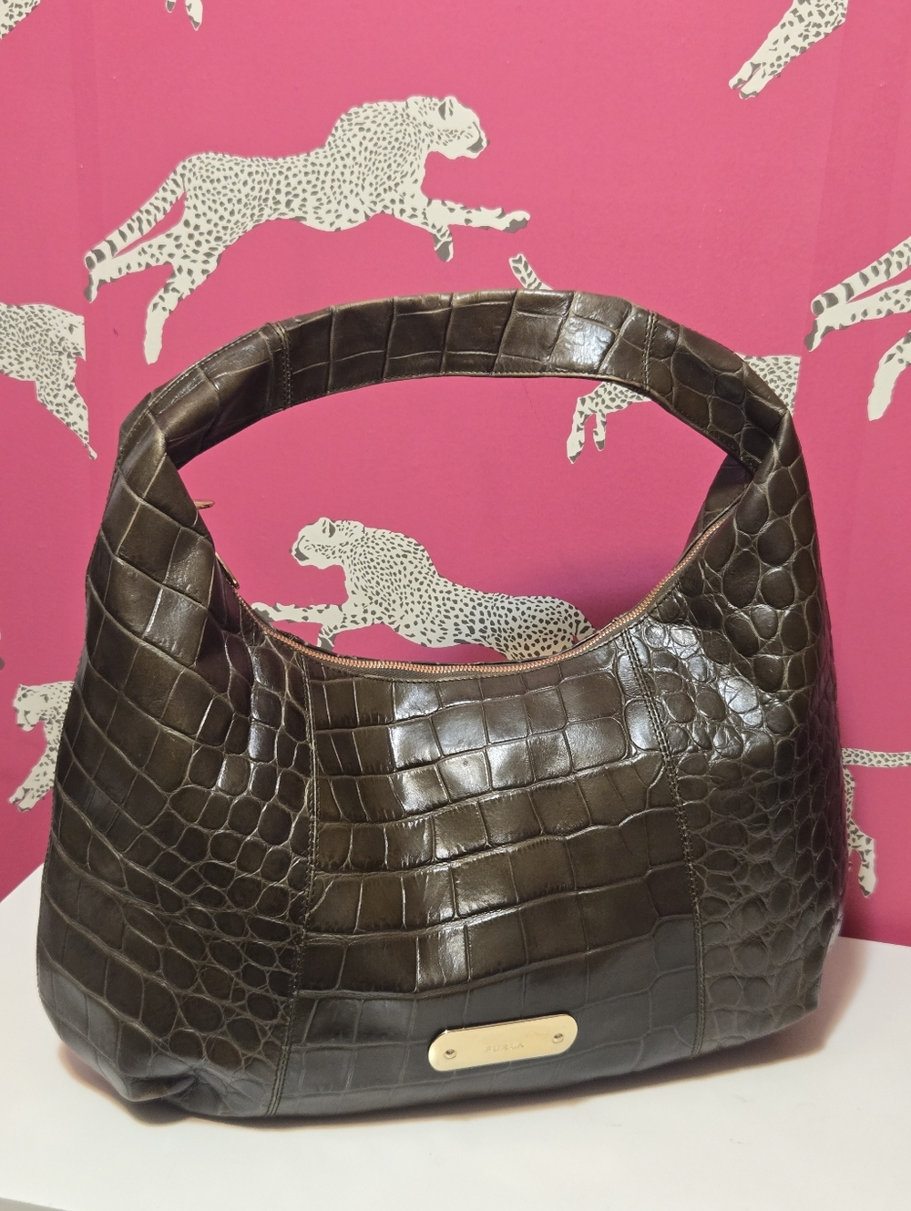Furla Croc Embossed Leather Extra Large Hobo Bag